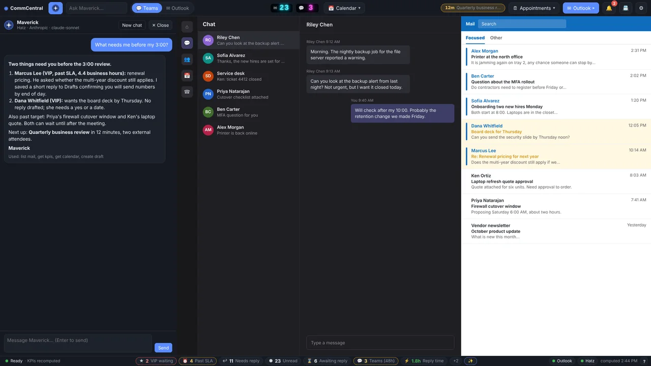 Teams chat, the Outlook inbox and the Maverick assistant in one window (sample data).
