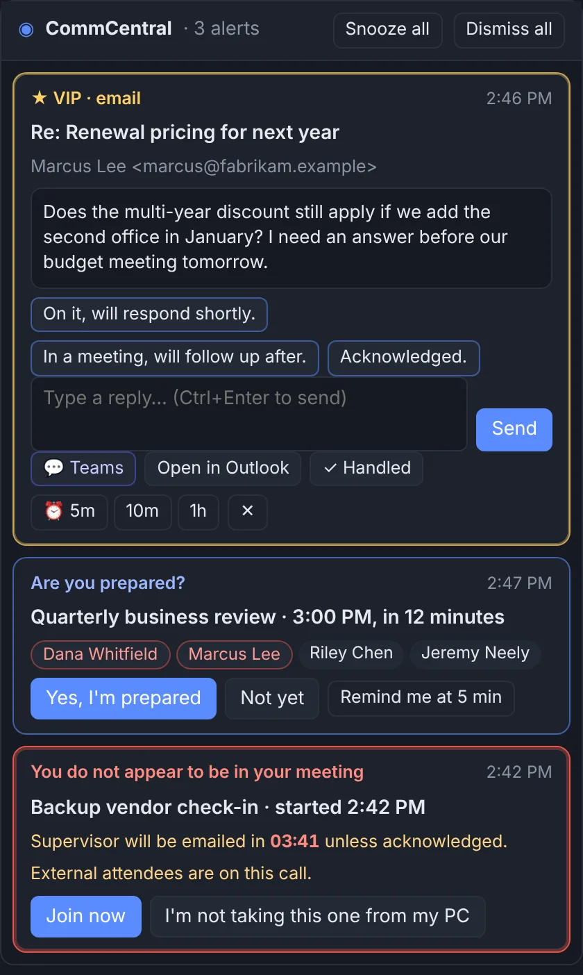 The alert window with a VIP email, a meeting prompt and a join warning (sample data).