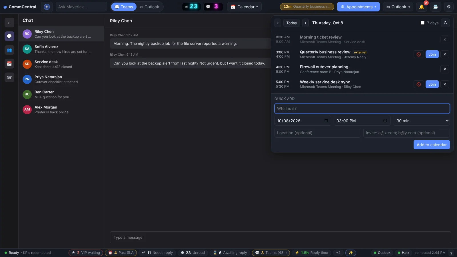 The appointments list with Join buttons and quick add (sample data).