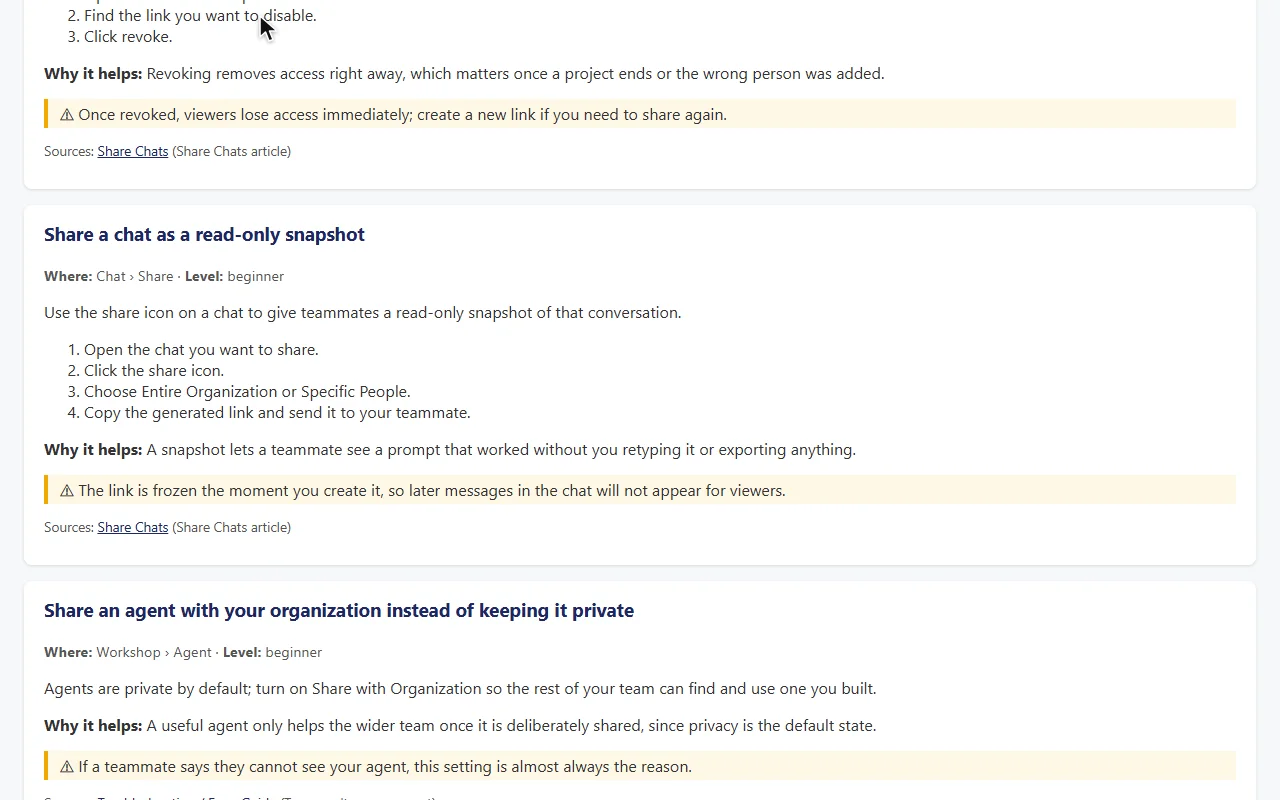 Scrolling the approved tip sheet that the tips service generates (public help content), a frame from the demo clip (sample data).