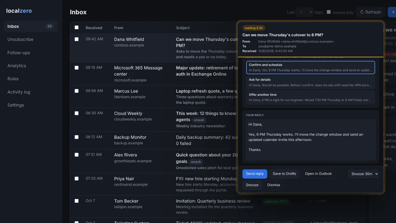 The triaged inbox with a needs-reply popup and drafted replies (sample data).