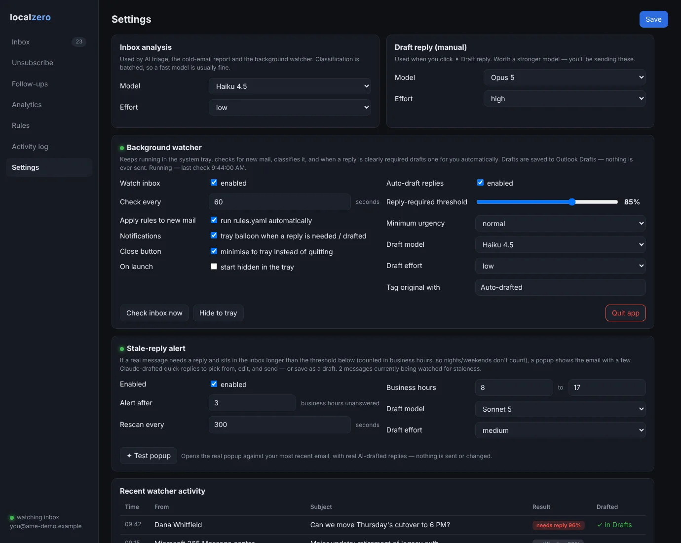 Settings for models, the watcher and business hours (sample data).