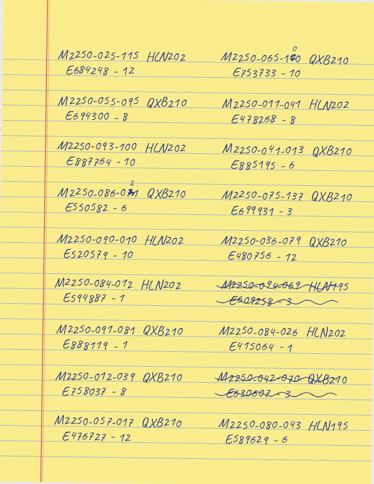 A full handwritten parts sheet, drawn for the site (sample data).