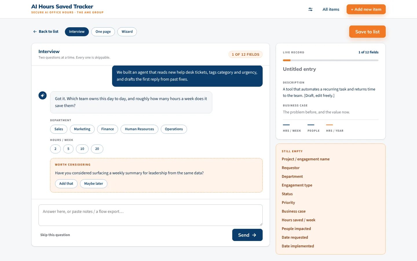 The AI asking follow-up questions with quick-pick answers (sample data).