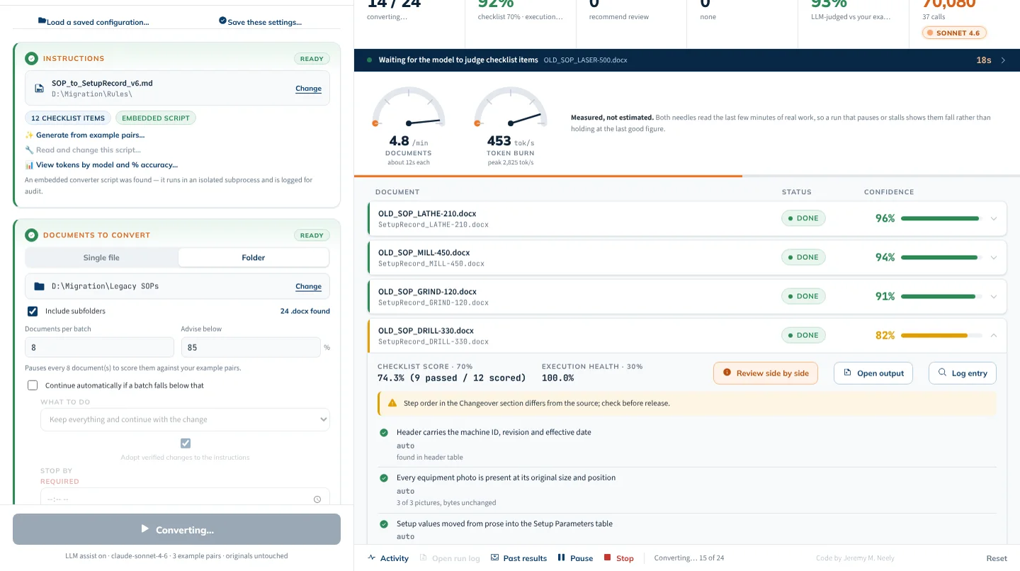 A conversion run scoring each document as it goes (sample SOPs).