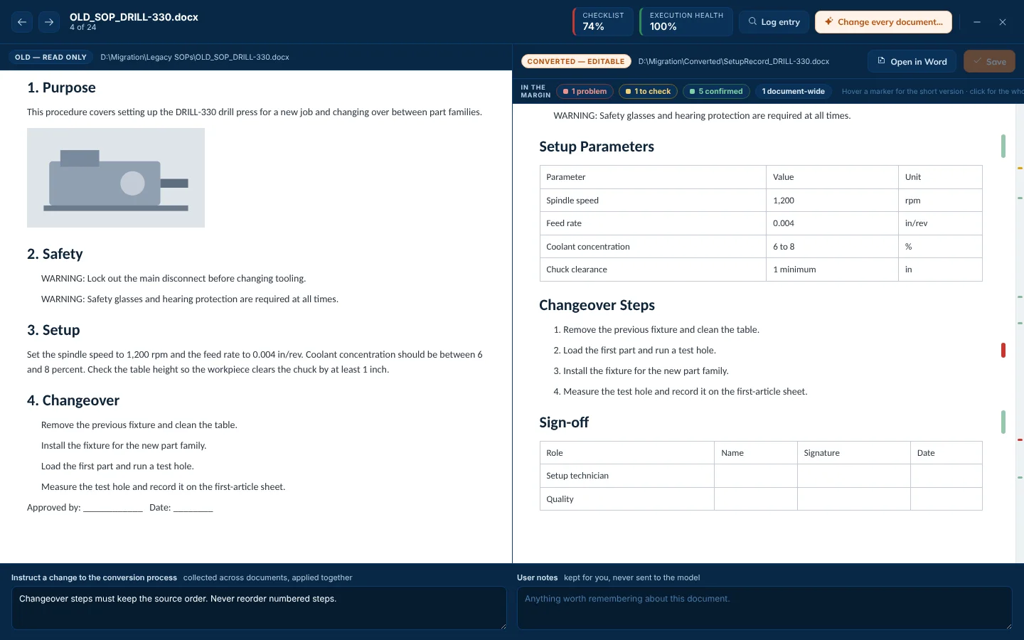 Side-by-side review: the old SOP and the converted one.