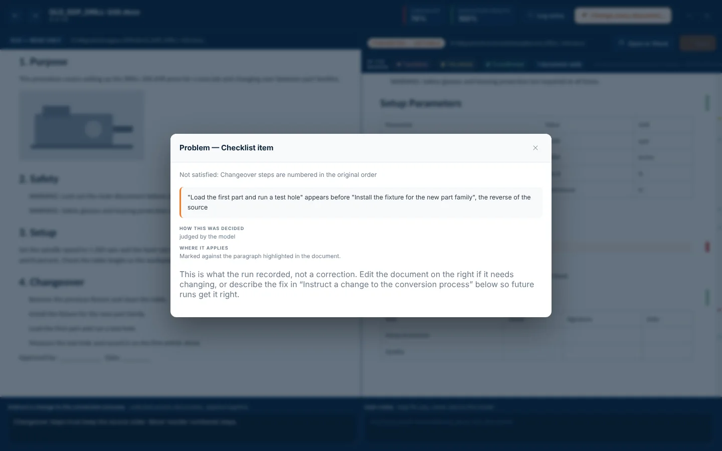 A checklist finding explaining why a converted document needs review (sample data).